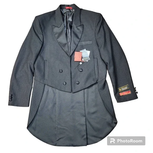 Vitaliano Tail Coat Tuxedo Men's 40R / 33W Super 150's‎ Black Pinstripe Formal